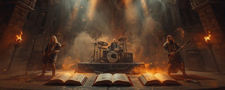 Eine Mittelalter-Rock-Band spielt in einer Burgkulisse zwischen offenen, magisch leuchtenden Büchern – Symbolbild für Staub & Schatten von Saltatio Mortis und Torsten Weitze.