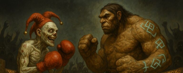 Groteskes Fantasy-Szenario: Stefan Raab als untoter Narr-Boxer im Ring gegen einen riesigen Neandertaler-Golem mit leuchtenden Runen, während Schattenwesen als Publikum toben.