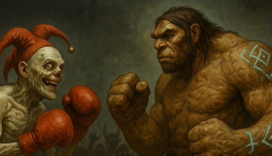 Groteskes Fantasy-Szenario: Stefan Raab als untoter Narr-Boxer im Ring gegen einen riesigen Neandertaler-Golem mit leuchtenden Runen, während Schattenwesen als Publikum toben.