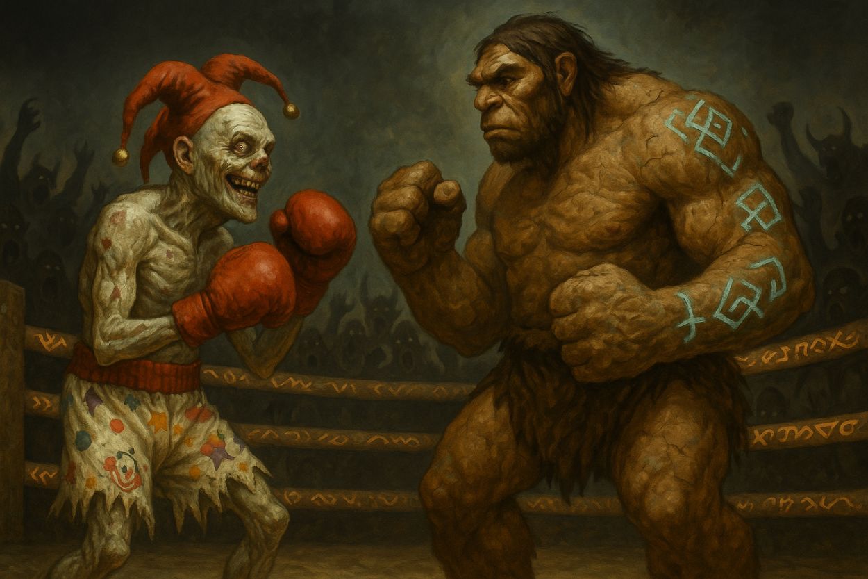 Groteskes Fantasy-Szenario: Stefan Raab als untoter Narr-Boxer im Ring gegen einen riesigen Neandertaler-Golem mit leuchtenden Runen, während Schattenwesen als Publikum toben.