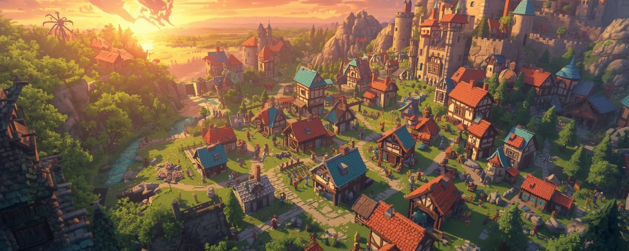 Ein farbenfrohes Fantasy-Königreich im Morgenlicht: Helden wuseln durch die Gassen, bauen Häuser und sammeln Holz, während über allem die Sonne über dem Schloss aufgeht.