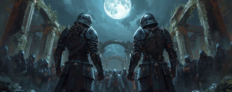 Zwei gepanzerte Krieger stehen sich unter dem Mond in einer überwucherten Ruinenhalle gegenüber, während eine vermummte Menge zuschaut – Szene im Stil von Tarantinos russischem Herr der Ringe.