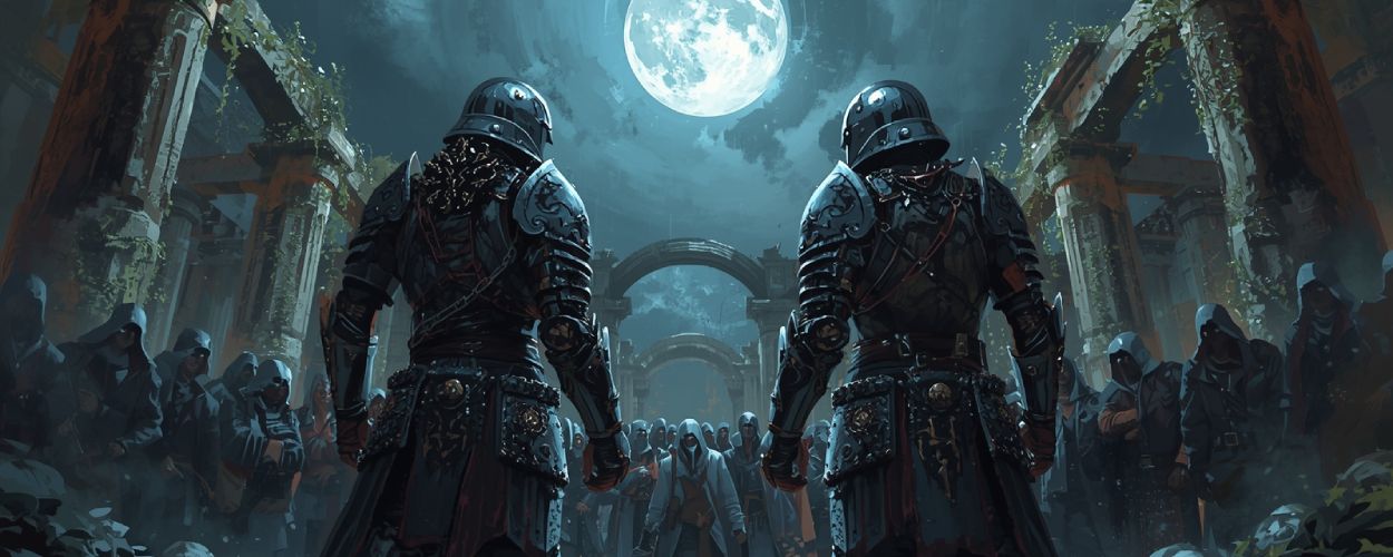 Zwei gepanzerte Krieger stehen sich unter dem Mond in einer überwucherten Ruinenhalle gegenüber, während eine vermummte Menge zuschaut – Szene im Stil von Tarantinos russischem Herr der Ringe.