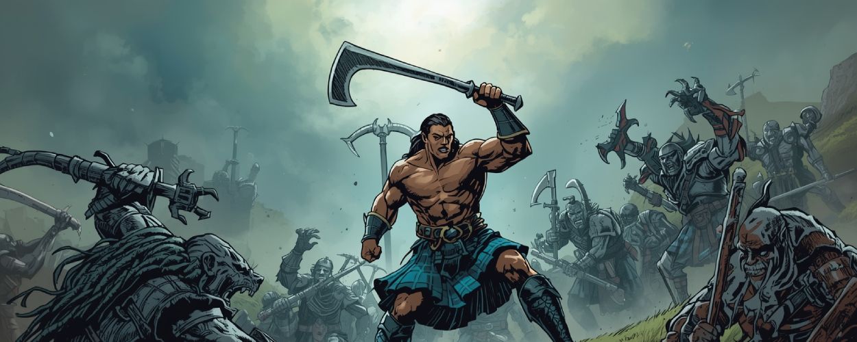 Ein schottischer Krieger im Kilt hebt seine Klinge gegen eine Horde dämonischer Feinde – Szene aus Tears of Metal.