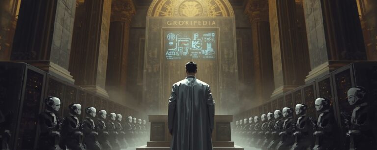 Ein satirisch-episches Digitalgemälde zeigt eine futuristische Kathedrale aus Servern, in der ein Mann in silberner Robe vor einem riesigen Altar mit der Aufschrift „GROKIPEDIA“ steht. Zu beiden Seiten knien Dutzende Roboter wie Mönche, während goldenes Licht von oben herabfällt. Eine Mischung aus Tech-Tempel, Datenkirche und digitaler Offenbarung.