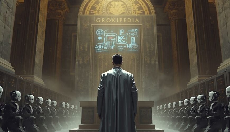 Ein satirisch-episches Digitalgemälde zeigt eine futuristische Kathedrale aus Servern, in der ein Mann in silberner Robe vor einem riesigen Altar mit der Aufschrift „GROKIPEDIA“ steht. Zu beiden Seiten knien Dutzende Roboter wie Mönche, während goldenes Licht von oben herabfällt. Eine Mischung aus Tech-Tempel, Datenkirche und digitaler Offenbarung.