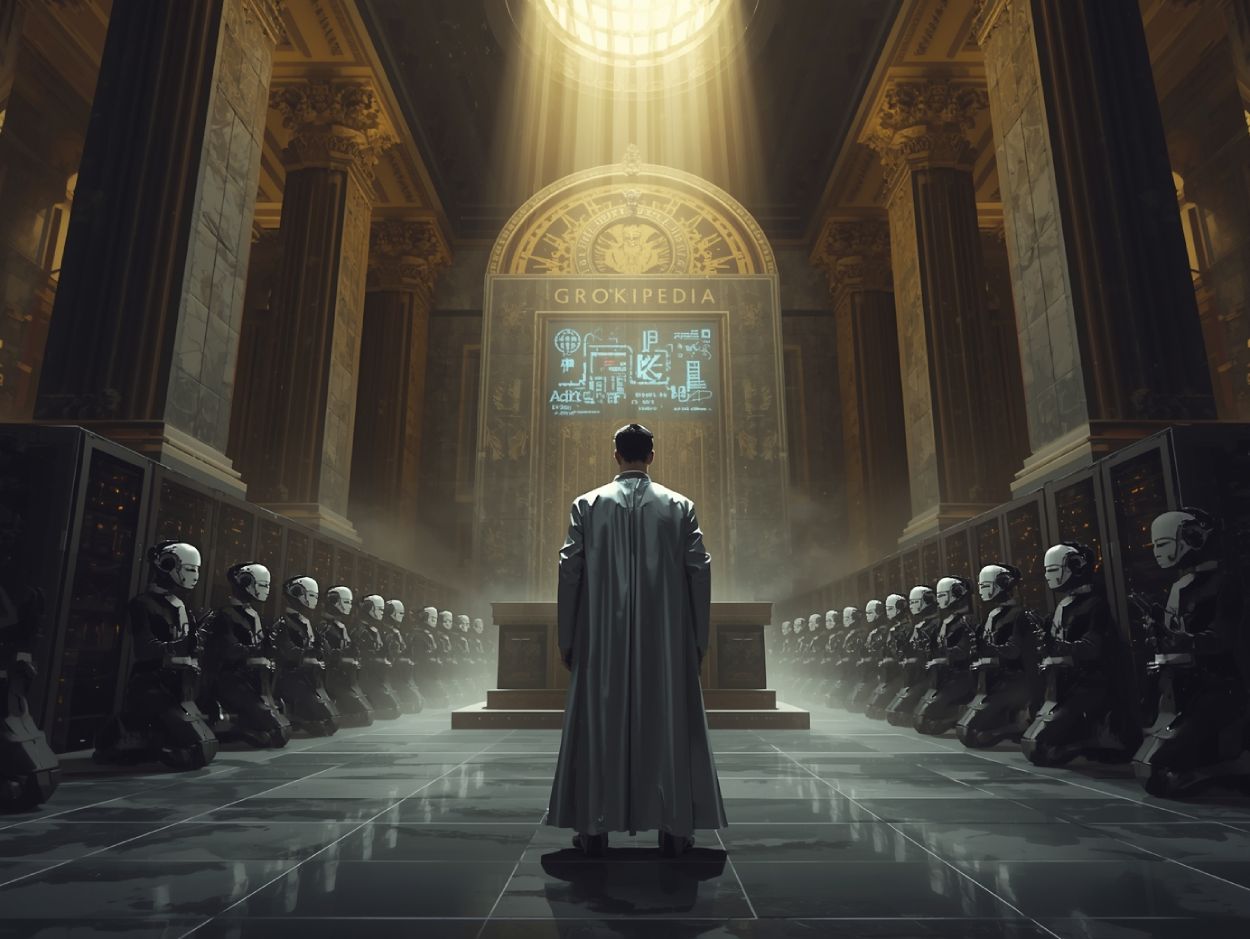Ein satirisch-episches Digitalgemälde zeigt eine futuristische Kathedrale aus Servern, in der ein Mann in silberner Robe vor einem riesigen Altar mit der Aufschrift „GROKIPEDIA“ steht. Zu beiden Seiten knien Dutzende Roboter wie Mönche, während goldenes Licht von oben herabfällt. Eine Mischung aus Tech-Tempel, Datenkirche und digitaler Offenbarung.