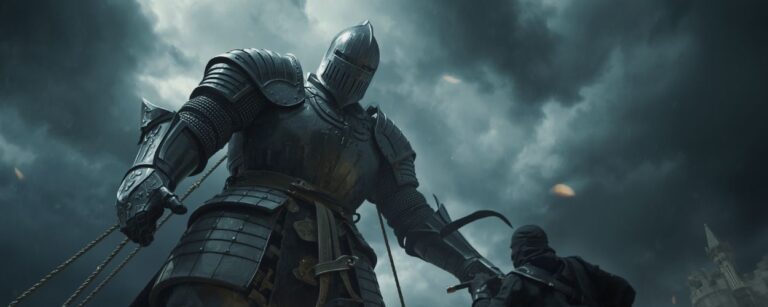 Ein gigantischer Ritter in einer massiven Rüstung, von Seilen und Mechanik gesteuert, kämpft gegen eine Ninja-Kriegerin unter stürmischem Himmel.