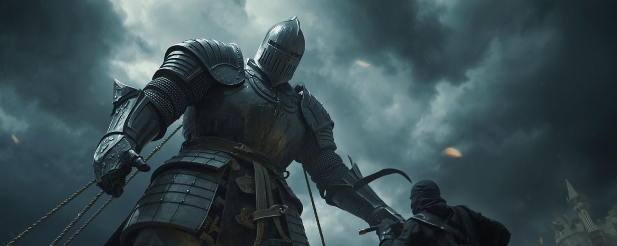 Ein gigantischer Ritter in einer massiven Rüstung, von Seilen und Mechanik gesteuert, kämpft gegen eine Ninja-Kriegerin unter stürmischem Himmel.