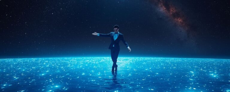 Ein Mann im Anzug tanzt auf einem glitzernden Meer aus Sternen – poetisches Keyvisual zum Fantasyfilm The Life of Chuck.