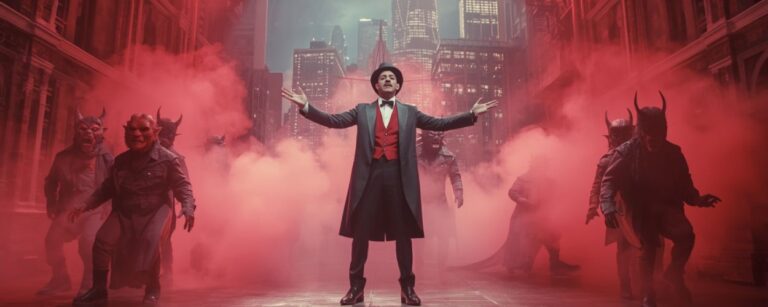 Ein Musical-Darsteller im Frack mit roter Weste singt inmitten von Dämonen-Tänzern und rotem Bühnennebel vor der Skyline von New York.