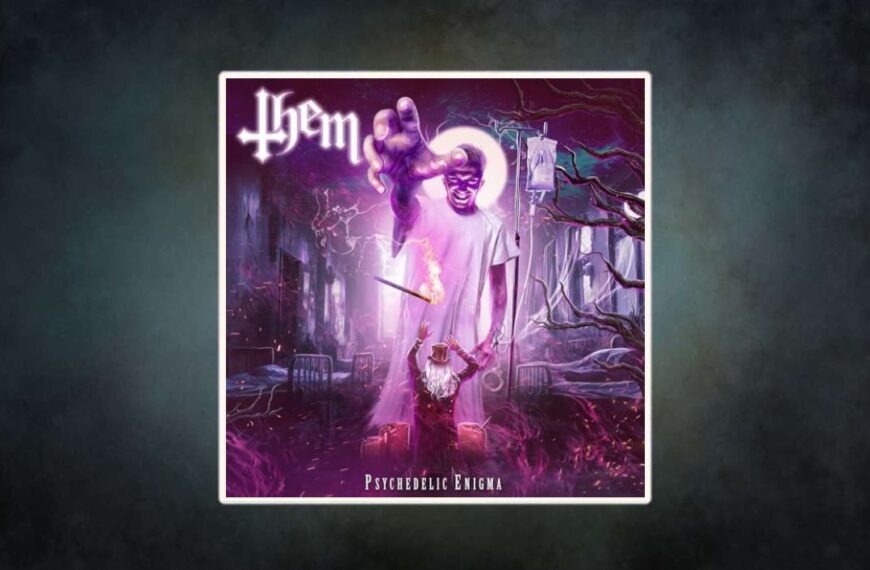Cover von Them – Psychedelic Enigma: In einer violetten Albtraumlandschaft erhebt sich ein diabolischer Arzt in OP-Kittel über ein Bett voller Schatten. Ein kleiner Mann im Zylinder hält eine Fackel empor, während Blitze und Äste um sie herum pulsieren.