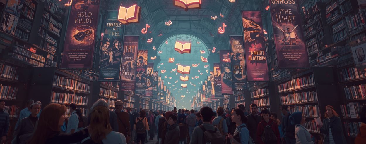 Besucher flanieren durch eine Buchmesse mit schwebenden, leuchtenden Büchern – Symbolbild für die TikTok Book Awards und den neuen Literaturtrend.