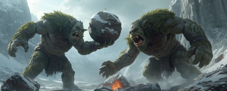 Zwei gigantische Trolle mit bemoosten Schultern kämpfen in einer verschneiten Gebirgslandschaft – Symbolbild für die epische Zerstörungsorgie im Netflix-Film Troll 2.