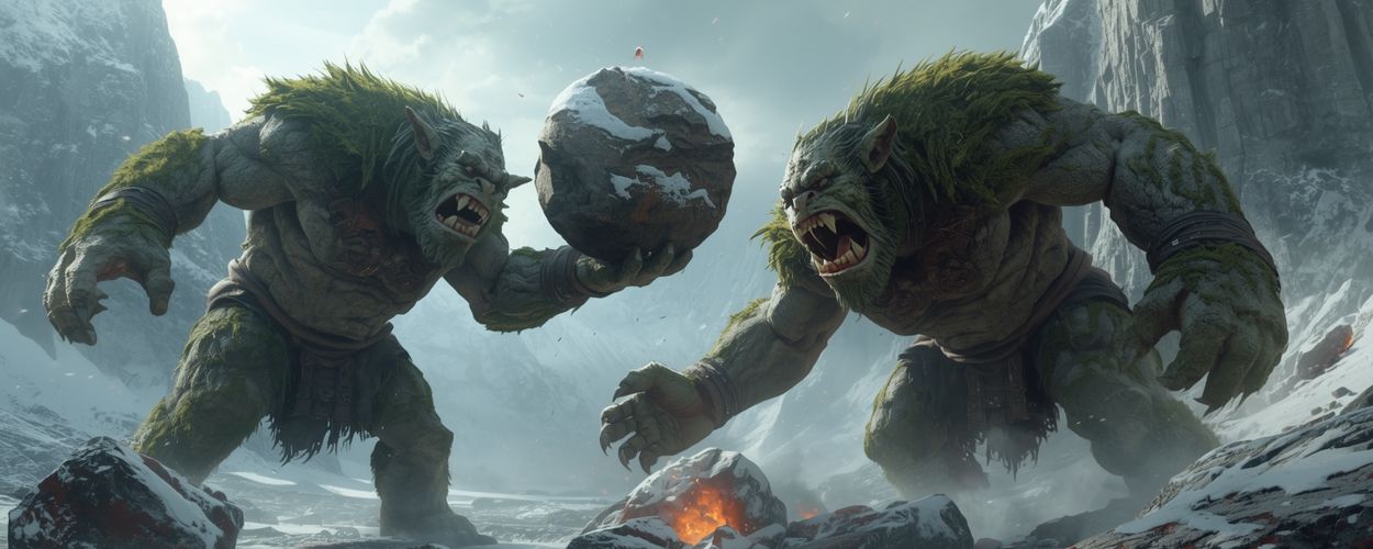 Zwei gigantische Trolle mit bemoosten Schultern kämpfen in einer verschneiten Gebirgslandschaft – Symbolbild für die epische Zerstörungsorgie im Netflix-Film Troll 2.