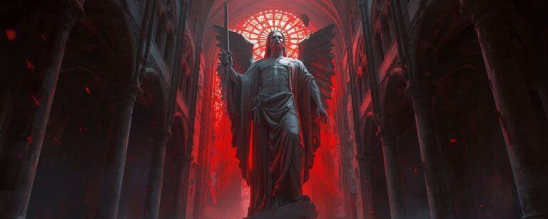 Ein kniender Krieger in einer zerstörten Kathedrale blickt zu einer gewaltigen, blutrot beleuchteten Götterstatue auf – Sinnbild für Schuld, Macht und Glaube im Spiel UnGodly.