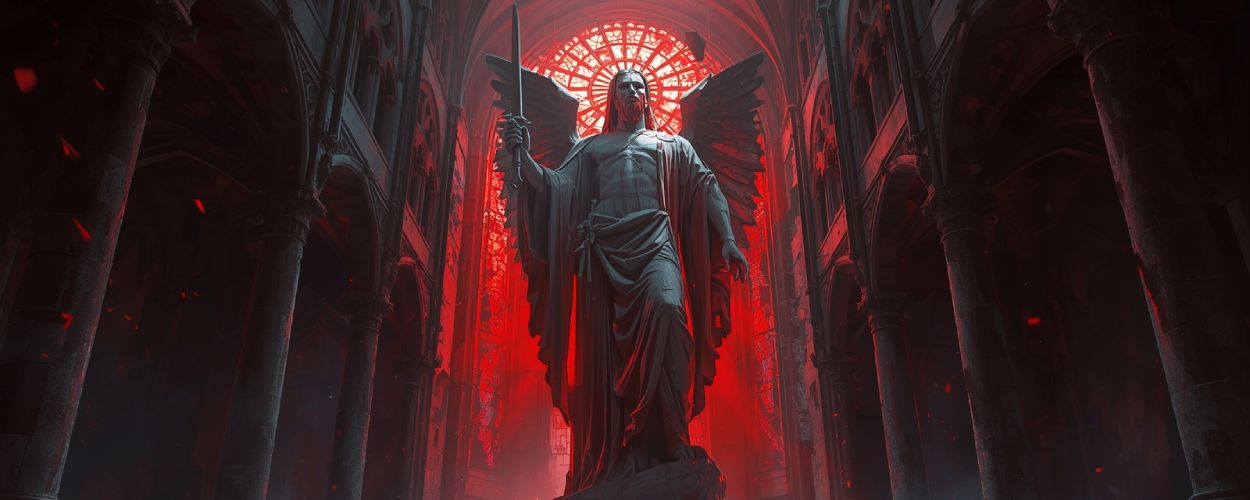 Ein kniender Krieger in einer zerstörten Kathedrale blickt zu einer gewaltigen, blutrot beleuchteten Götterstatue auf – Sinnbild für Schuld, Macht und Glaube im Spiel UnGodly.