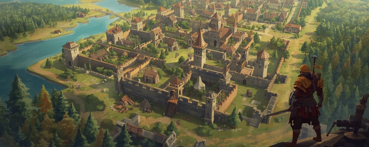 Ein mittelalterliches Dorf im Aufbau: Spieler errichten Mauern und Türme, Wälder und Seen im Hintergrund – Mischung aus Survival und Städtebau in Valorborn.