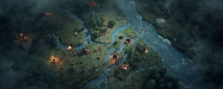 Eine düstere Fantasy-Karte mit Flüssen, Wäldern und brennenden Siedlungen – Symbolbild für das rundenbasierte Strategiespiel Veterum.