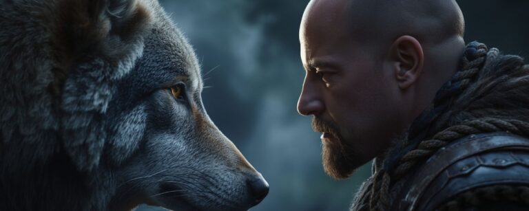 Kaulder und sein Wolf blicken sich tief in die Augen – ein Moment zwischen Mensch und Bestie, zwischen Pflicht und Verbundenheit.