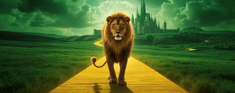 Ein majestätischer Löwe schreitet über den gelben Ziegelweg in Richtung der Smaragdstadt – Symbolbild für Colman Domingos Rolle als Löwe in Wicked 2.