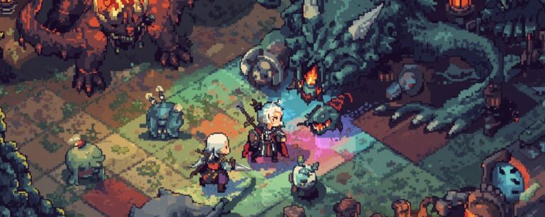 Geralt und Ciri als Pixelhelden kämpfen in einer leuchtenden 16-Bit-Fantasywelt gegen Monster und Drachen.