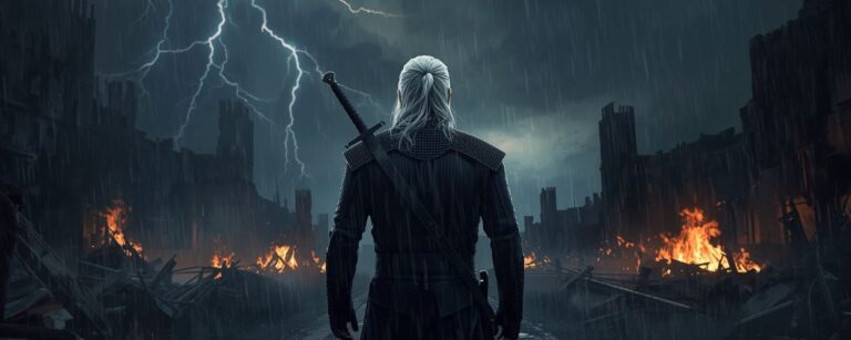 Ein Hexer mit weißem Haar steht im Regen vor brennenden Ruinen, das Schwert auf dem Rücken, während Blitze den Himmel erhellen.