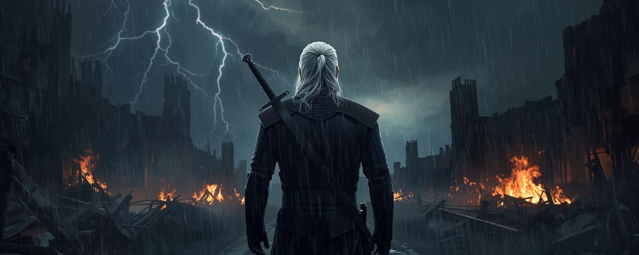 Ein Hexer mit weißem Haar steht im Regen vor brennenden Ruinen, das Schwert auf dem Rücken, während Blitze den Himmel erhellen.