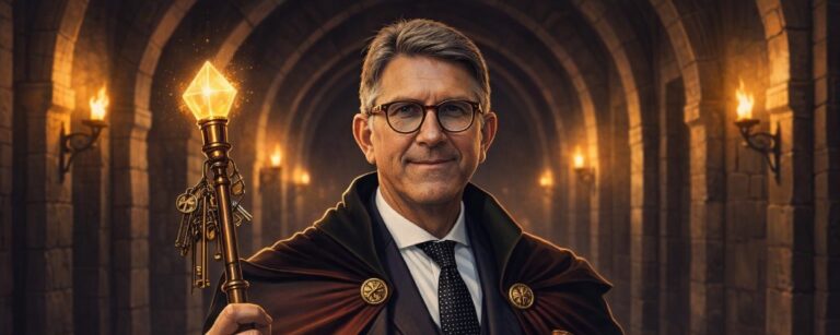 Wolfram Weimer als strenger Kulturverwalter in einem düsteren Zwischenreich-Gewölbe mit Zepter, Aktenmappe und Wandfackeln