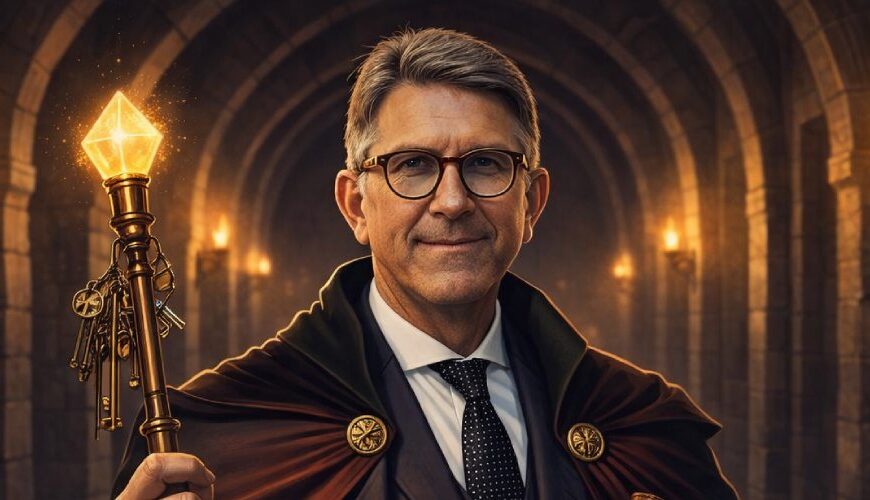 Wolfram Weimer als strenger Kulturverwalter in einem düsteren Zwischenreich-Gewölbe mit Zepter, Aktenmappe und Wandfackeln