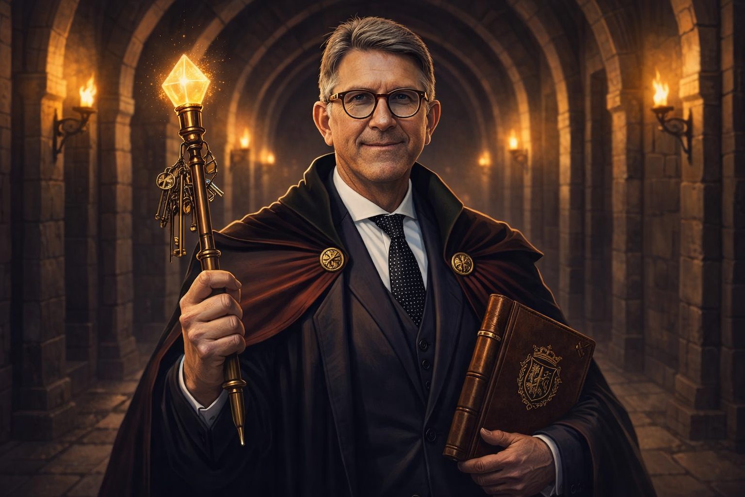 Boris Pistorius als Oberbefehlshaber der Zwischenreiche – in einem von Fackeln erleuchteten Steinflur, mit Stahlhelm, dunklem Mantel und leuchtendem Runenstab im Nebel der Zwischenreiche.