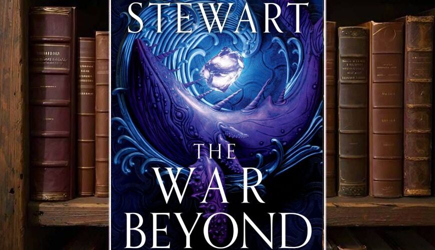 „Cover von The War Beyond: dominantes blau-violettes Wirbelmotiv, im Zentrum ein schimmernder Kristall, umgeben von organischen Linien und einem halbmondförmigen Kreaturen-Relikt; epische, mystische Lichtstimmung.“