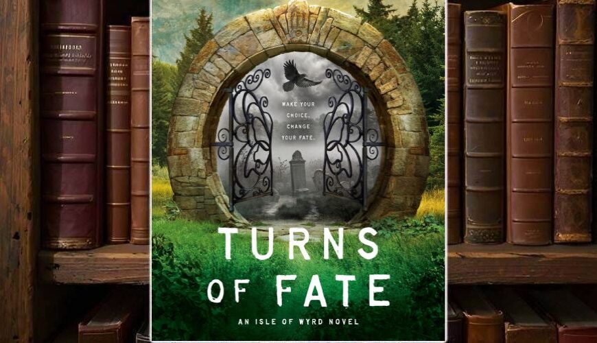 Buchcover von Turns of Fate: ein steinernes Rundtor inmitten grüner Wiesen öffnet sich zu einem grauen Pfad mit Leuchtturm im Nebel. Über dem Tor kreist ein schwarzer Rabe, auf dem Torbogen steht: „Make your choice. Change your fate.“ Dahinter Berge und Wald im Morgenlicht. Symbolisches, atmosphärisches Cover über Entscheidungen, Magie und Schicksal.
