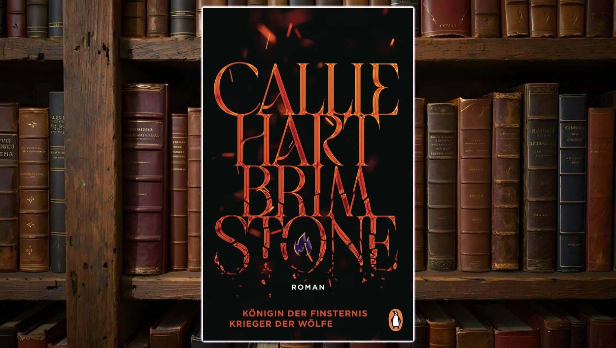 Buchcover von „Brimstone“ von Callie Hart vor einem alten Bücherregal: schwarzer Hintergrund mit großer flammend oranger Schrift „Callie Hart Brimstone“, kleine blaue Flamme im Buchstaben O und Unterzeile „Königin der Finsternis Krieger der Wölfe“.