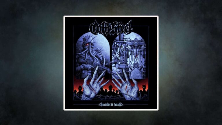 Albumcover Cold Steel – Discipline & Punish: surrealistische Sci-Fi-Szene mit kybernetischen Soldaten, Maschinenarmen und gefesselten Händen, vor düsterrotem Hintergrund mit Schattenfiguren – bedrohlich-ikonisches Thrash-Motiv im Retro-Stil