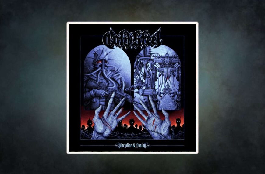 Albumcover Cold Steel – Discipline & Punish: surrealistische Sci-Fi-Szene mit kybernetischen Soldaten, Maschinenarmen und gefesselten Händen, vor düsterrotem Hintergrund mit Schattenfiguren – bedrohlich-ikonisches Thrash-Motiv im Retro-Stil