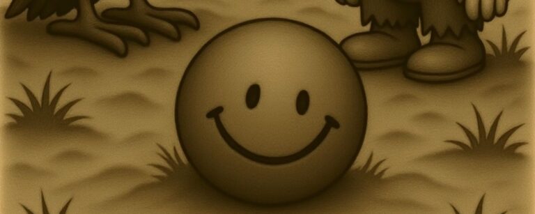 Sepiafarbener Cartoon: Crowbah und Grabhold stehen auf einem Friedhof vor einem lächelnden Smiley-Orakel. Grabhold stellt eine absurde Frage, das Orakel antwortet seelenruhig.