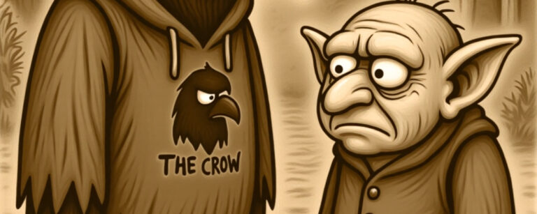 Sepiafarbener Cartoon: Crowbah und Grabhold stehen vor einem Smiley-Orakel im Dorf. Crowbah skeptisch, Grabhold ratlos, das Smiley lächelt wissend.