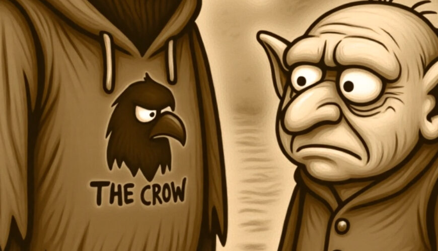 Sepiafarbener Cartoon: Crowbah und Grabhold stehen vor einem Smiley-Orakel im Dorf. Crowbah skeptisch, Grabhold ratlos, das Smiley lächelt wissend.