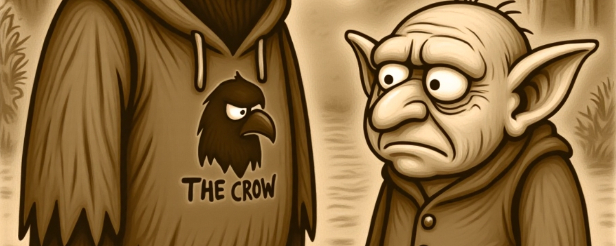 Sepiafarbener Cartoon: Crowbah und Grabhold stehen vor einem Smiley-Orakel im Dorf. Crowbah skeptisch, Grabhold ratlos, das Smiley lächelt wissend.