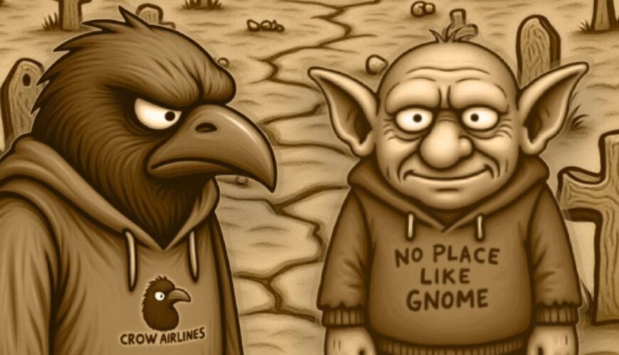 Sepiafarbener Cartoon: Crowbah steht mit Koffer auf einem verwitterten Friedhof. Grabhold grinst unbeholfen. Kreuze und Ruinen im Hintergrund, Abschiedsstimmung.