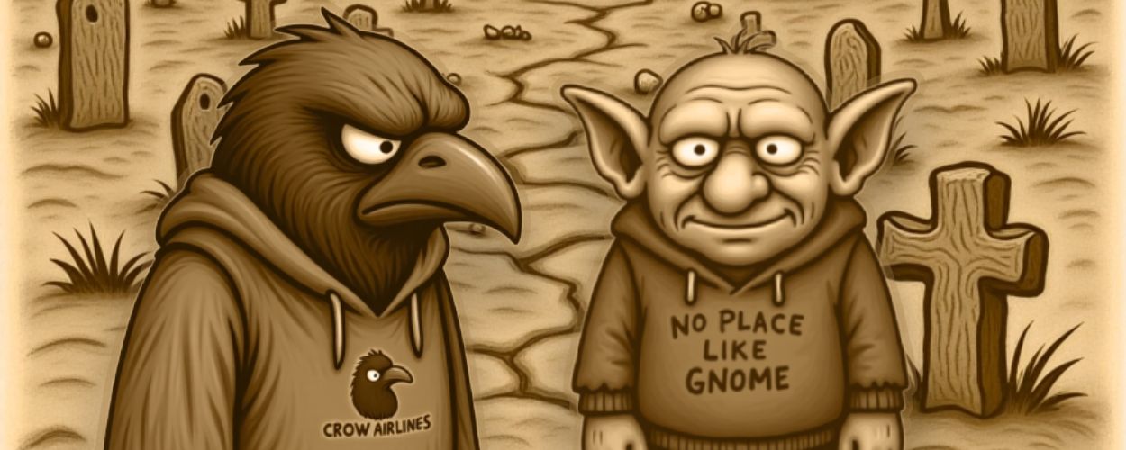 Sepiafarbener Cartoon: Crowbah steht mit Koffer auf einem verwitterten Friedhof. Grabhold grinst unbeholfen. Kreuze und Ruinen im Hintergrund, Abschiedsstimmung.