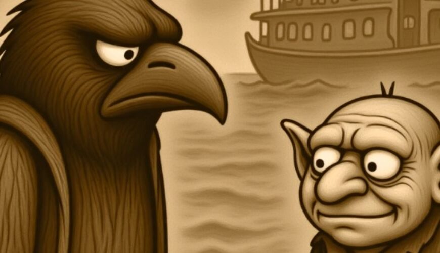 Sepiafarbener Dreipanel-Comic: Crowbah und Grabhold treffen am Hafen einen skelettierten Totenkapitän, sprechen über eine gebuchte Überfahrt über den Schatten-Ärmelkanal und beobachten eine tote Möwe, während ein Dampfschiff im Nebel „BRÖÖÖ“ ertönt.