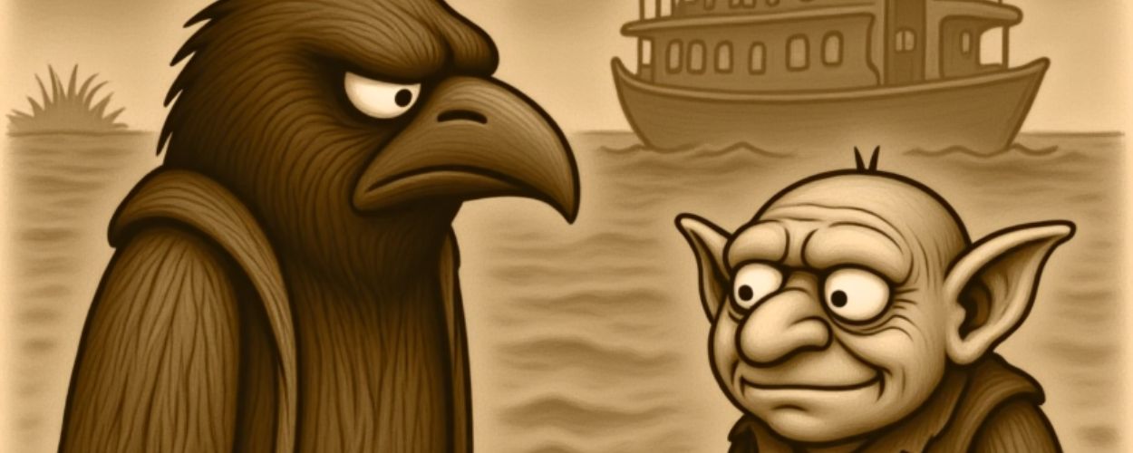 Sepiafarbener Dreipanel-Comic: Crowbah und Grabhold treffen am Hafen einen skelettierten Totenkapitän, sprechen über eine gebuchte Überfahrt über den Schatten-Ärmelkanal und beobachten eine tote Möwe, während ein Dampfschiff im Nebel „BRÖÖÖ“ ertönt.