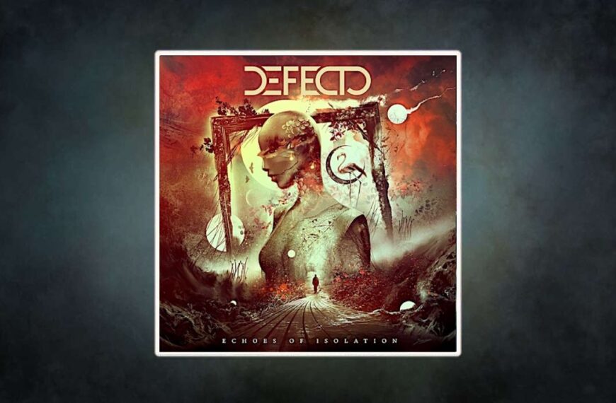 Albumcover Defecto – Echoes of Isolation: surrealistische Szene mit humanoider Statue und zerbrochenem Kopf, umgeben von glühenden Planeten und einem einsamen Wanderer auf einem Pfad – rot-orange Farbpalette, symbolisch für mentale Zerrissenheit und Isolation.