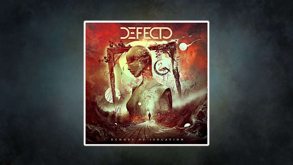 Albumcover Defecto – Echoes of Isolation: surrealistische Szene mit humanoider Statue und zerbrochenem Kopf, umgeben von glühenden Planeten und einem einsamen Wanderer auf einem Pfad – rot-orange Farbpalette, symbolisch für mentale Zerrissenheit und Isolation.