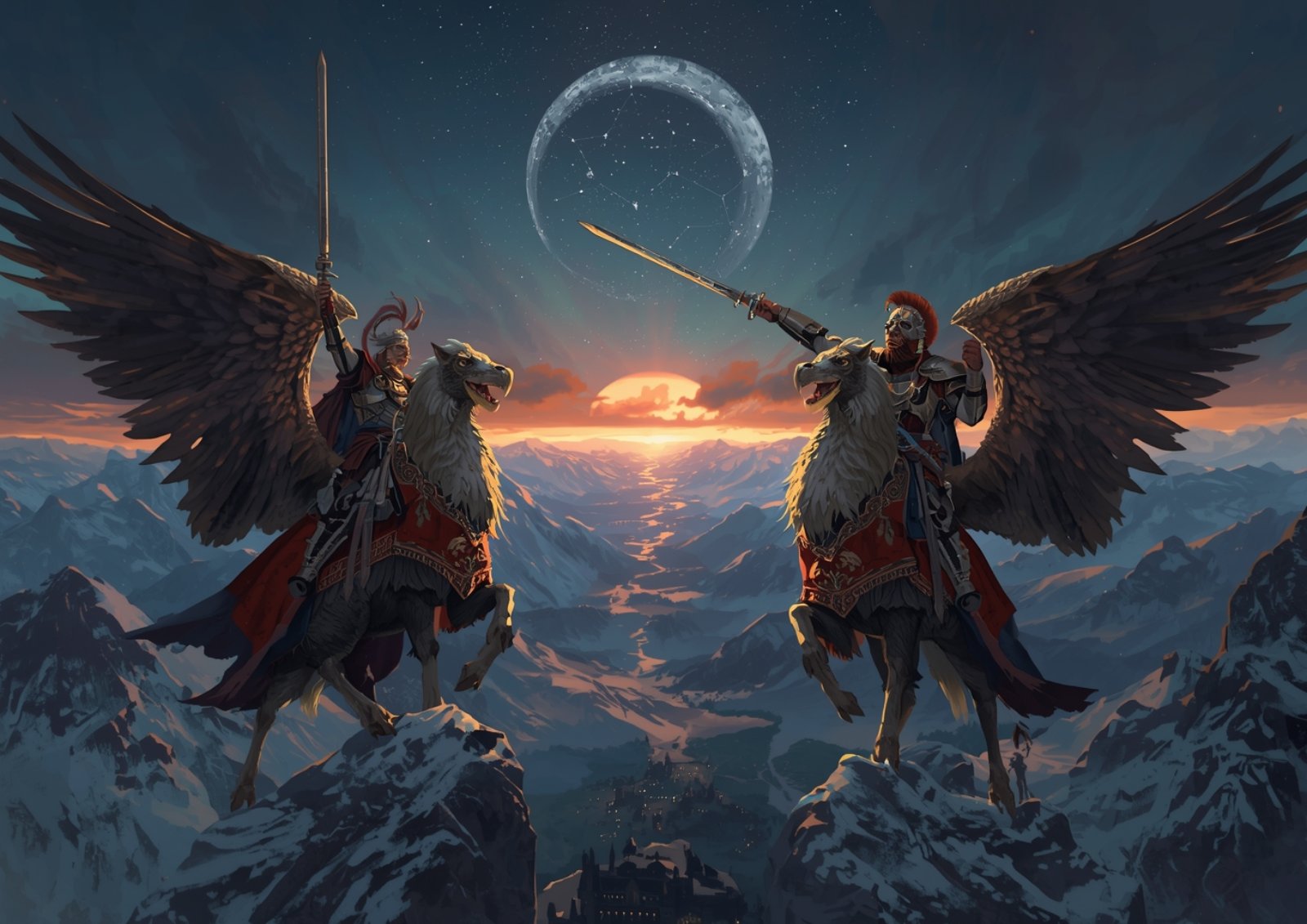 Epische Fantasy-Illustration zweier Ritter auf Hippogreifen über schneebedeckten Bergen, im Tal eine belagerte Festung und am Himmel ein sternenförmiger Ouroboros.