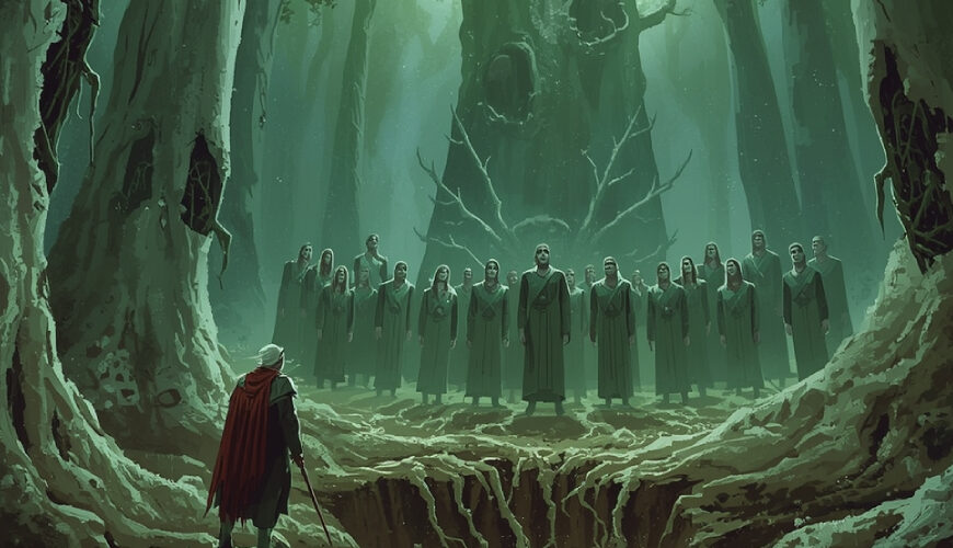 Ein unheimlicher Wald voller uralter Bäume mit gesichtslosen Wurzelmündern und tiefen Augen in der Rinde. Ein Kreis elbischer Sänger steht in einer Lichtung und hält ein uraltes Wesen im Boden durch Gesang in Schach. Ein einzelner Mensch schaut fassungslos auf das Ritual.