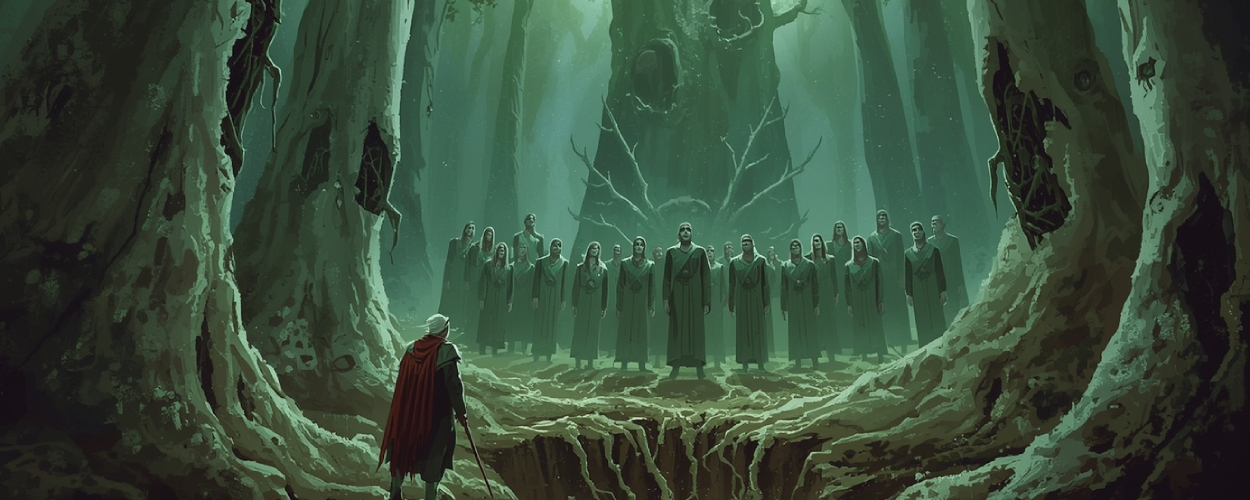 Ein unheimlicher Wald voller uralter Bäume mit gesichtslosen Wurzelmündern und tiefen Augen in der Rinde. Ein Kreis elbischer Sänger steht in einer Lichtung und hält ein uraltes Wesen im Boden durch Gesang in Schach. Ein einzelner Mensch schaut fassungslos auf das Ritual.