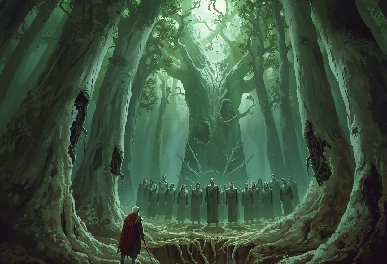 Ein unheimlicher Wald voller uralter Bäume mit gesichtslosen Wurzelmündern und tiefen Augen in der Rinde. Ein Kreis elbischer Sänger steht in einer Lichtung und hält ein uraltes Wesen im Boden durch Gesang in Schach. Ein einzelner Mensch schaut fassungslos auf das Ritual.